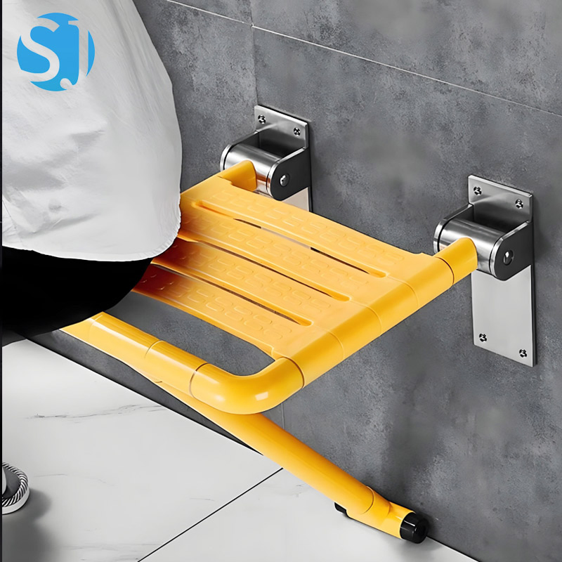 Wall-Mounted Foldable Shower Seat with Support Leg for Elderly and Disabled Bathroom Use Nursing Home Safety Chair