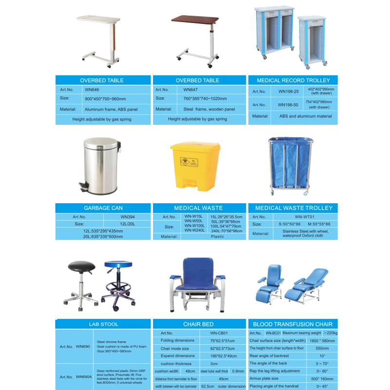 Medical Folding Overbed Table Hospital Height Adjustable Patient Dinner Table Price Wn646