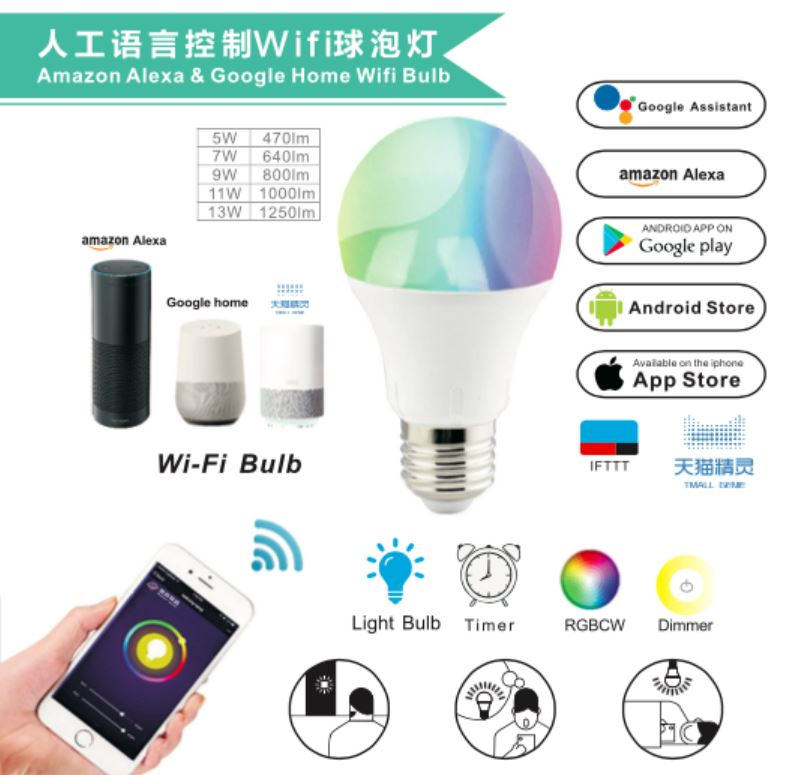 WiFi Smart Home Voice Control Mobile APP Control Colorful LED Bulb 7W