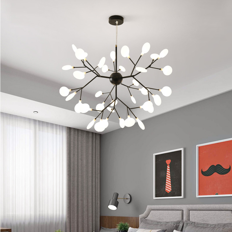 Nordic Post-Modern Personality Restaurant Living Room Pendant Lamp Bedroom Lighting 27-Lights Branch Leaf LED Firefly Chandelier