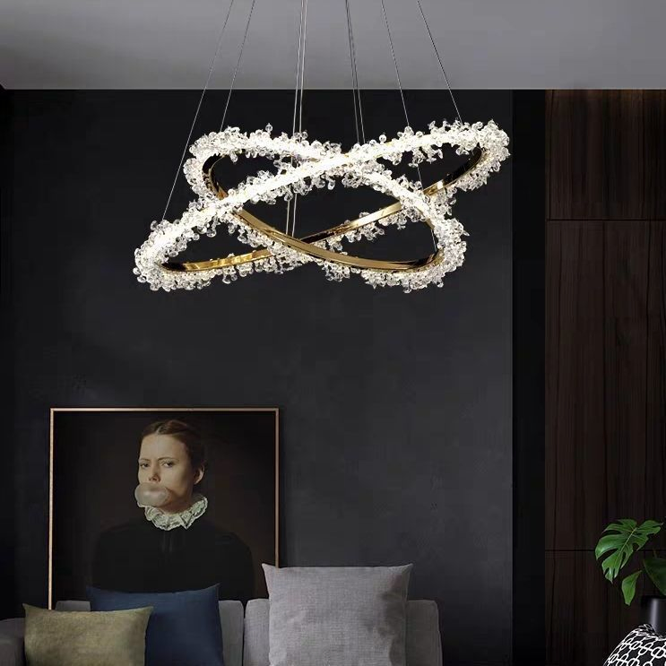 Modern Crystal Chandelier Lighting for Living Room Gold Ring Combination LED Ceiling Light