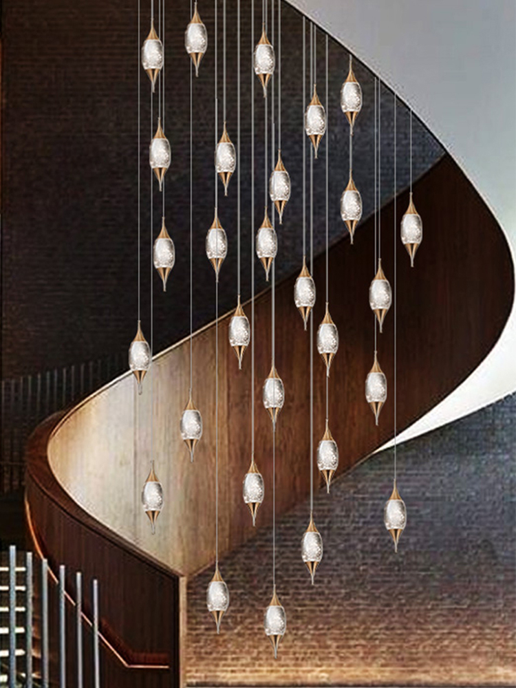 Modern Luxury Long Hanging Lamps LED Bubble Crystal Stair Living Room Chandelier