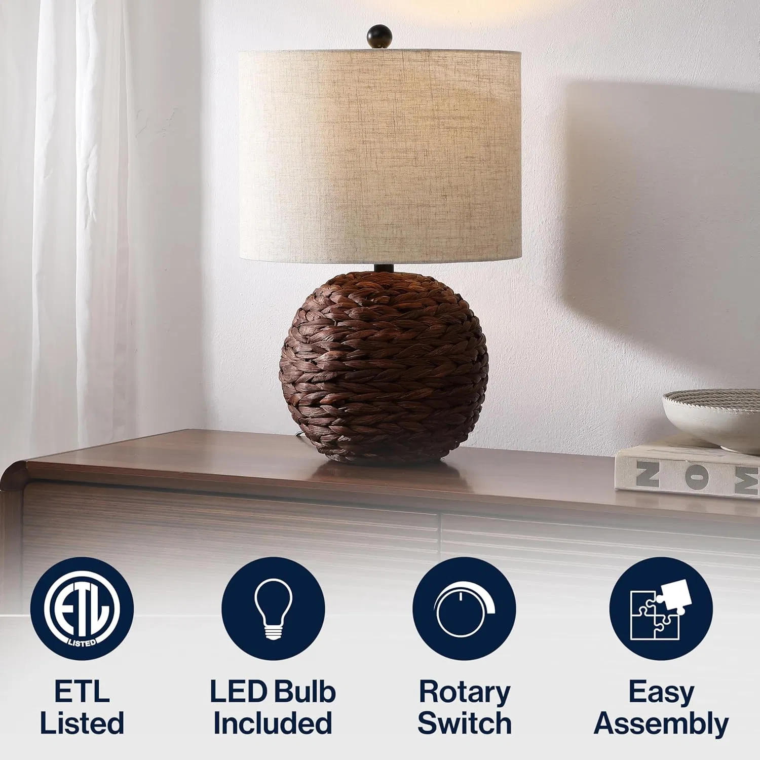 Modern Coastal Woven Rattan Globe LED Living Family Dining Bedroom Hallway Office Table Lamp