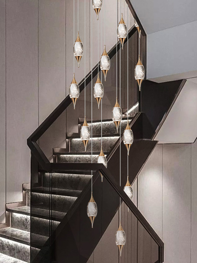 Modern Luxury Long Hanging Lamps LED Bubble Crystal Stair Living Room Chandelier