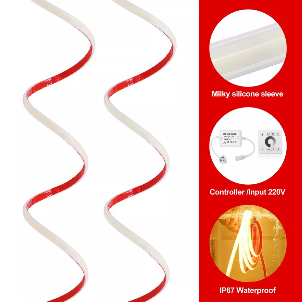 Flexible Neon COB LED Strip Lights 220V 288LEDs/M Self Adhesive Design Cabinet Lighting