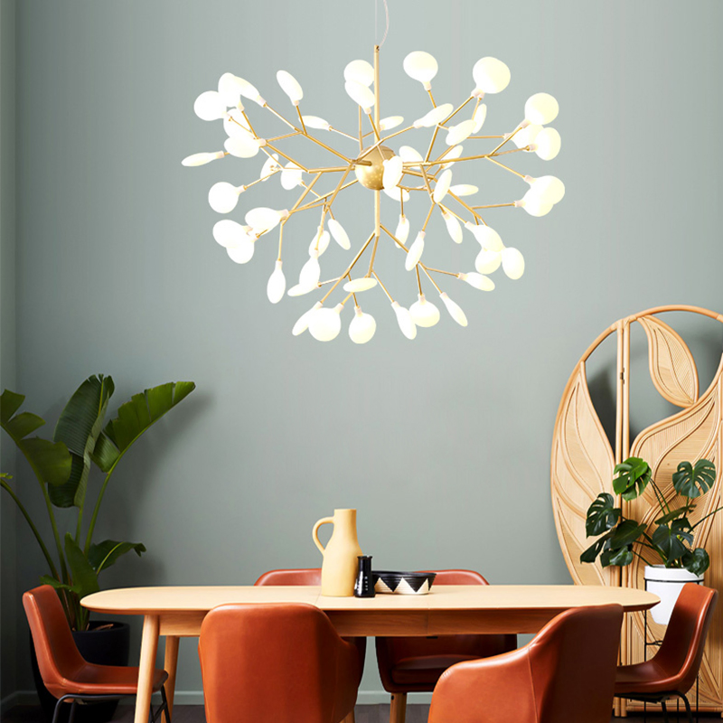 Nordic Post-Modern Personality Restaurant Living Room Pendant Lamp Bedroom Lighting 27-Lights Branch Leaf LED Firefly Chandelier