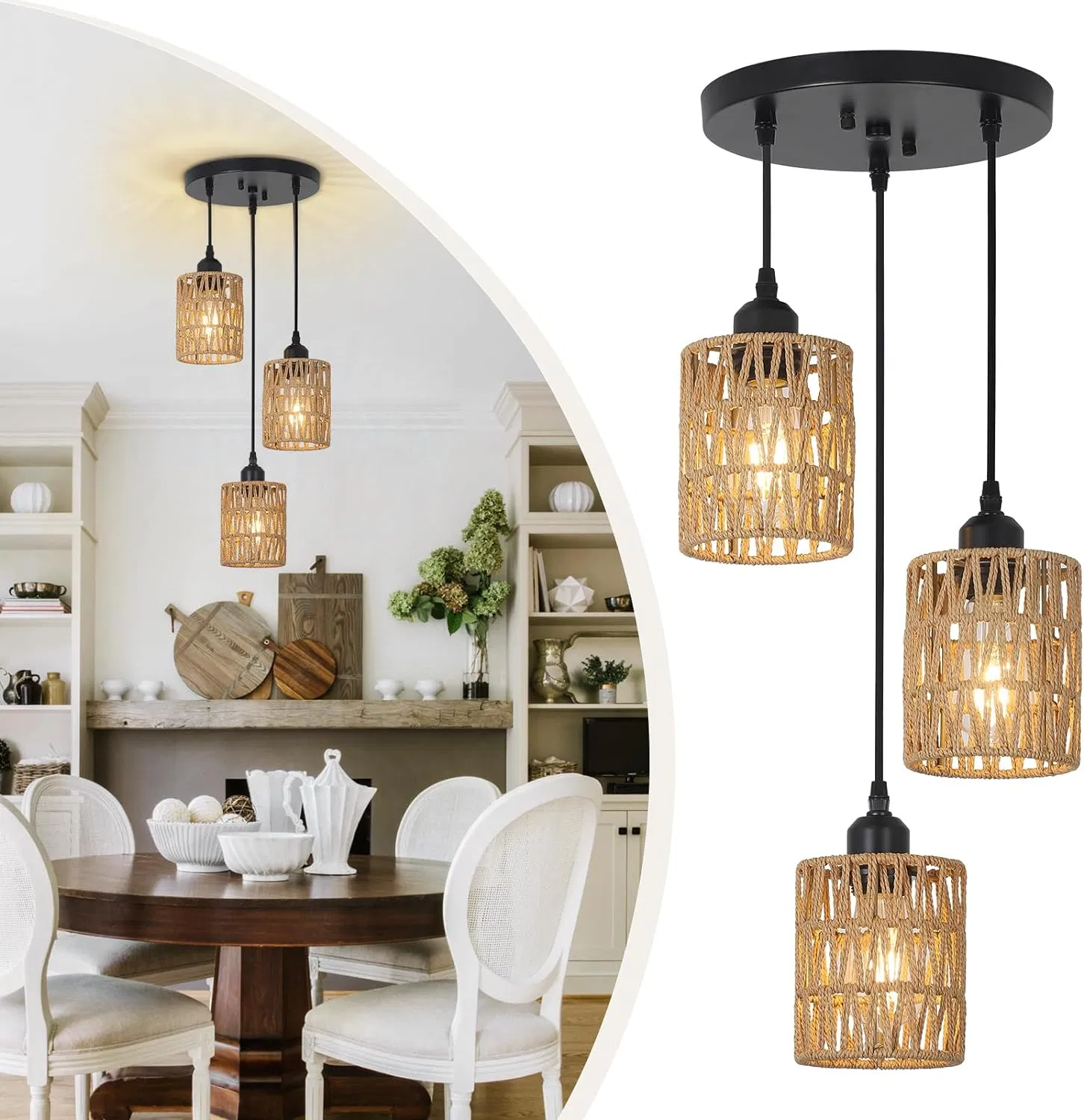 Dining Room Light Fixtures Ceiling Hanging Chandelier 3 Lights Rattan Pendant Light