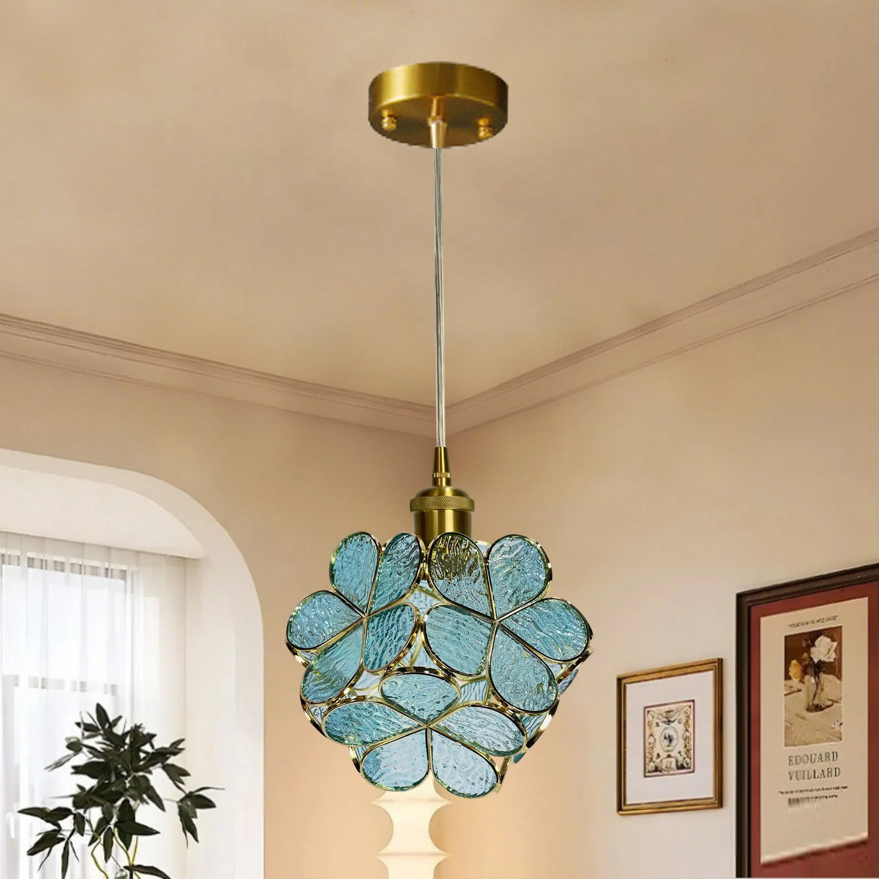 All Copper Glass Petal Pendant Light, Dining Room Café Chandelier, Small Bar Light Luxury Simple Warm Bedroom Bedside Lighting Fixture