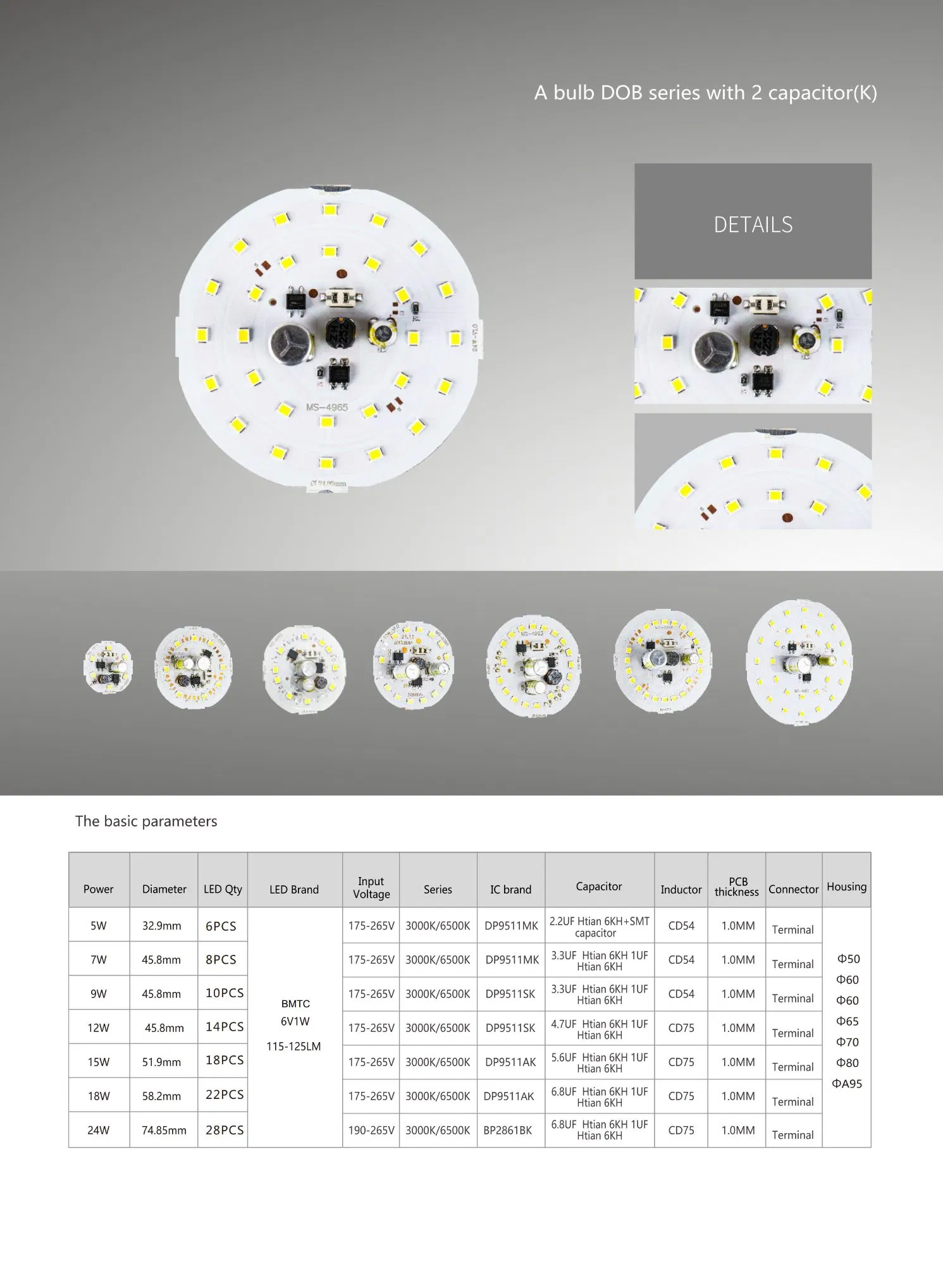 High-Efficiency 9W Dob Aluminium Base LED Bulb with Original PCB Board