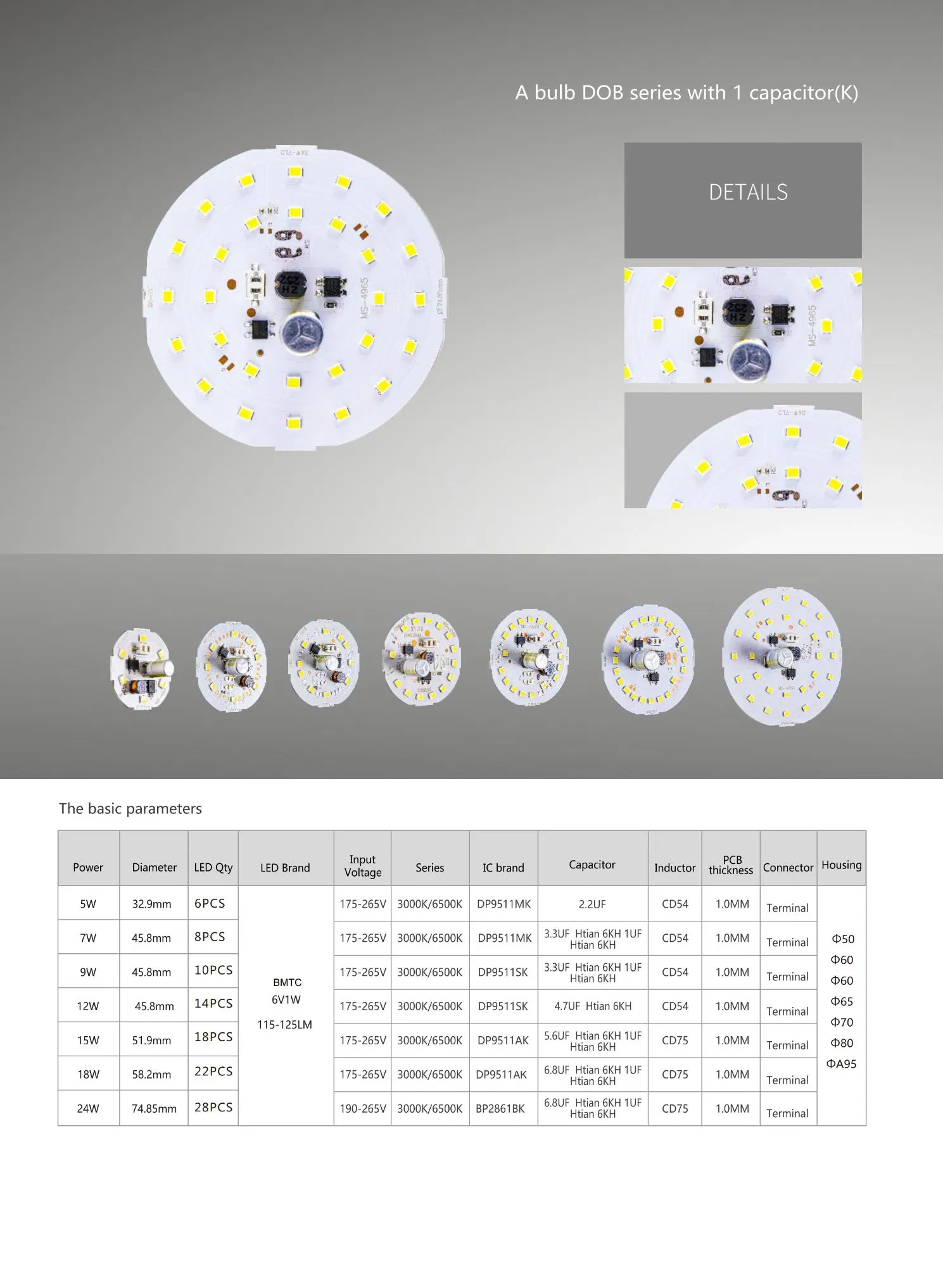 High-Efficiency 9W Dob Aluminium Base LED Bulb with Original PCB Board