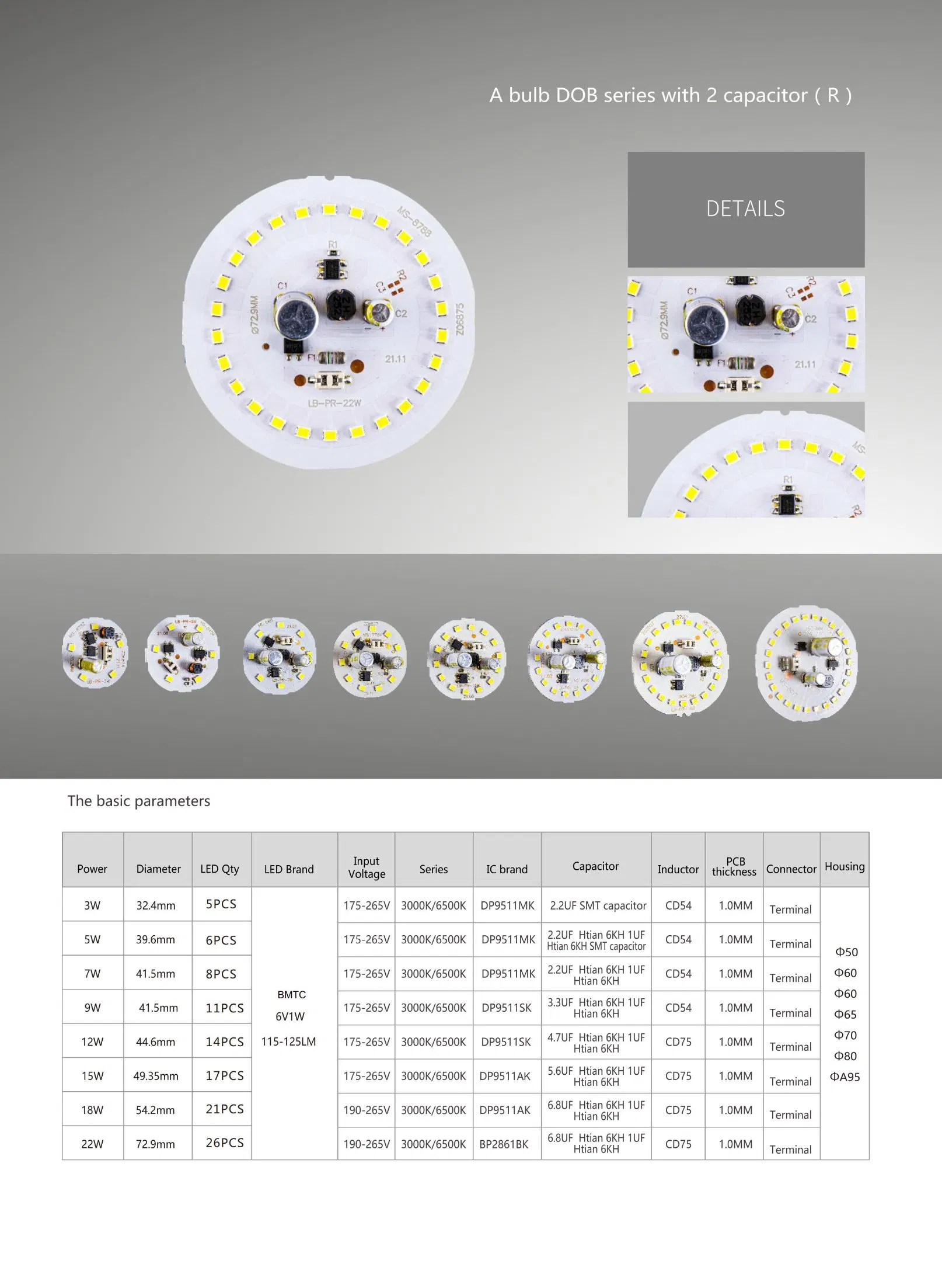 High-Efficiency 9W Dob Aluminium Base LED Bulb with Original PCB Board