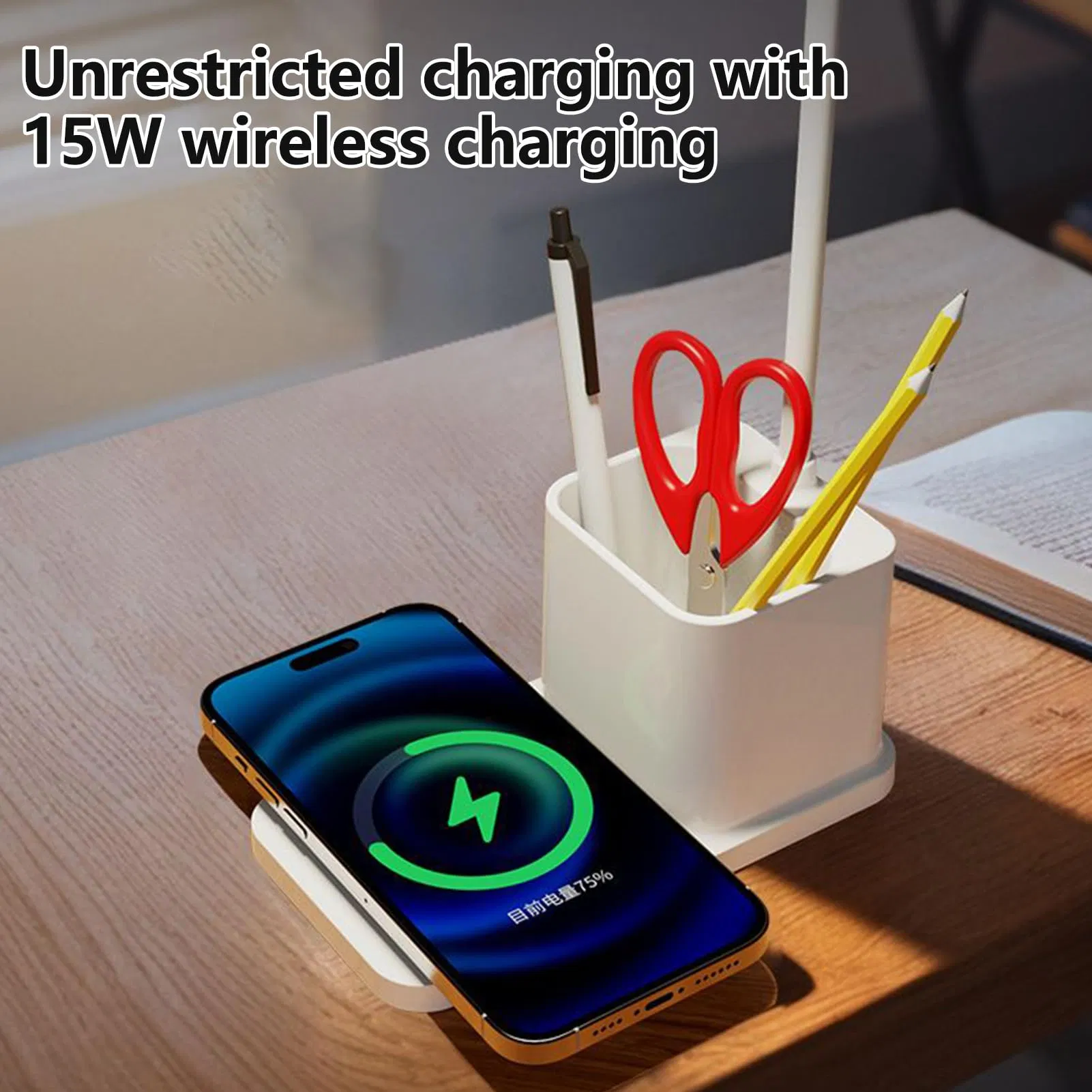 Modern Desktop LED Table Lamp Wireless Phone Charger with Pen Holder