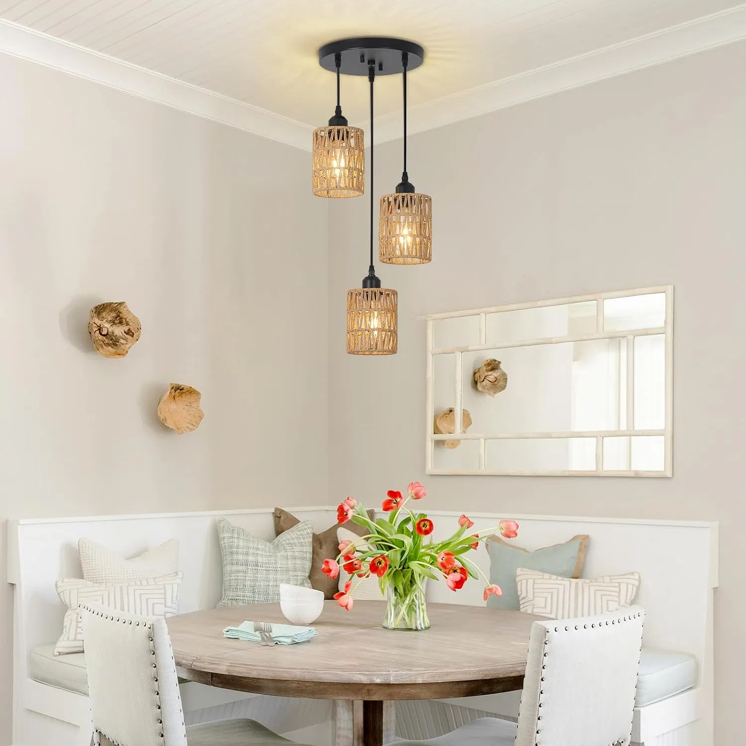 Dining Room Light Fixtures Ceiling Hanging Chandelier 3 Lights Rattan Pendant Light
