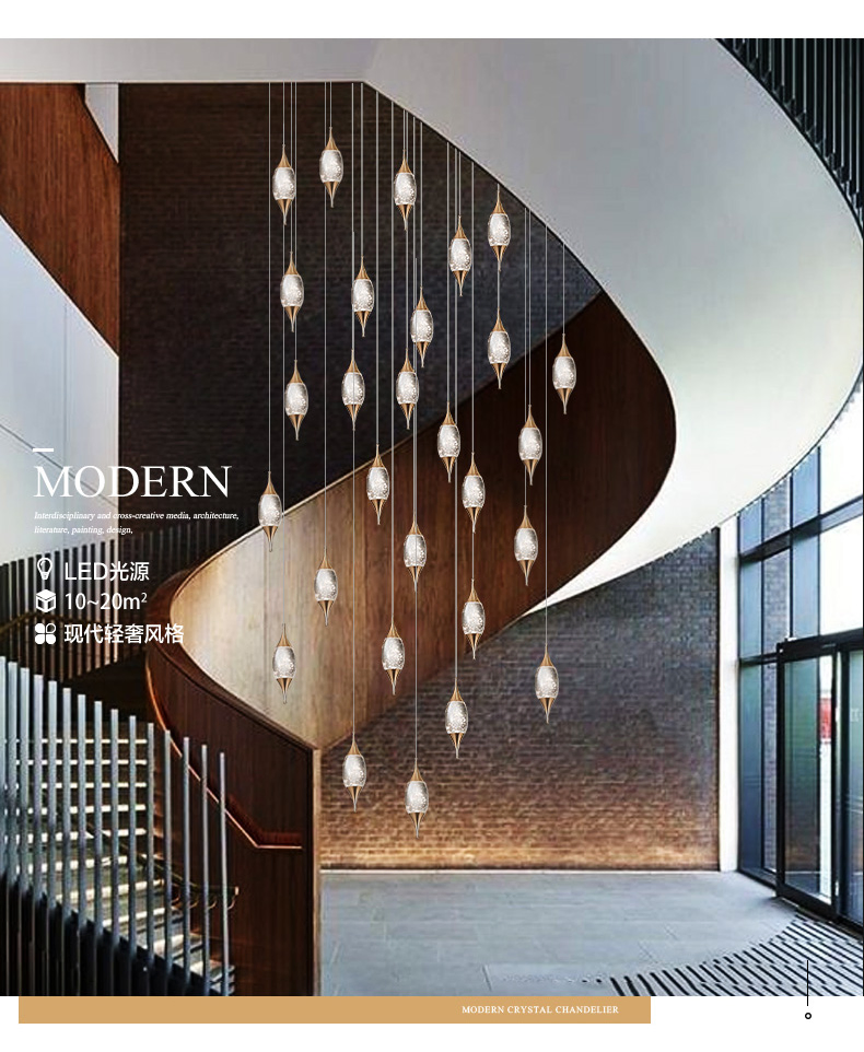 Modern Luxury Long Hanging Lamps LED Bubble Crystal Stair Living Room Chandelier
