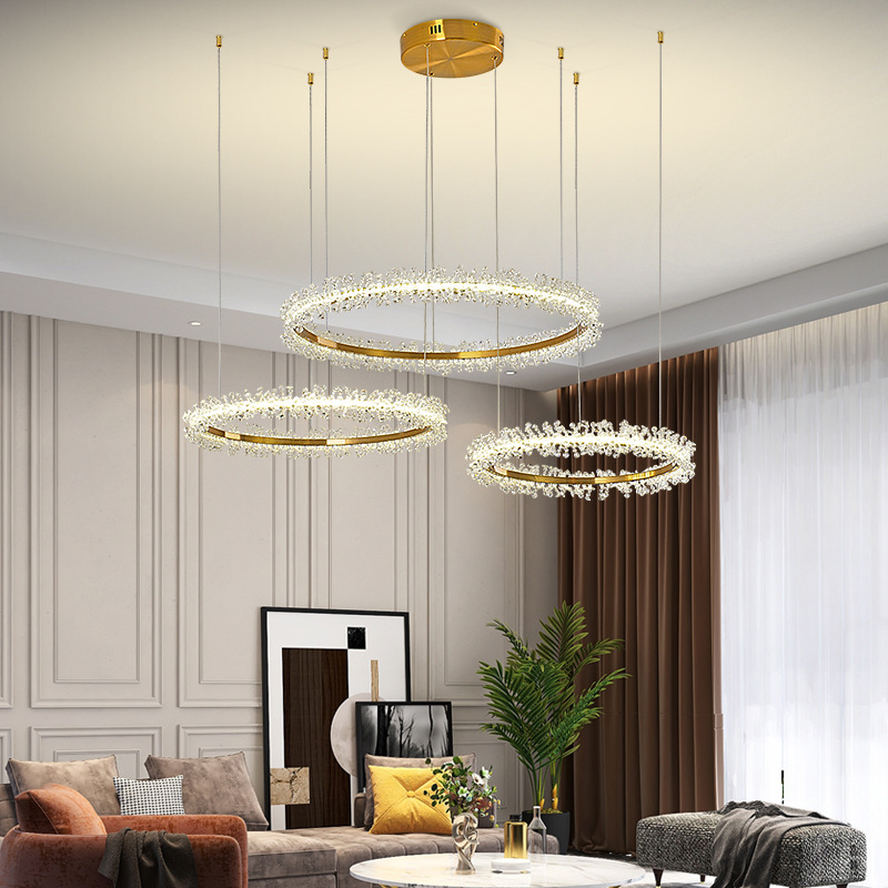 Modern Crystal Chandelier Lighting for Living Room Gold Ring Combination LED Ceiling Light