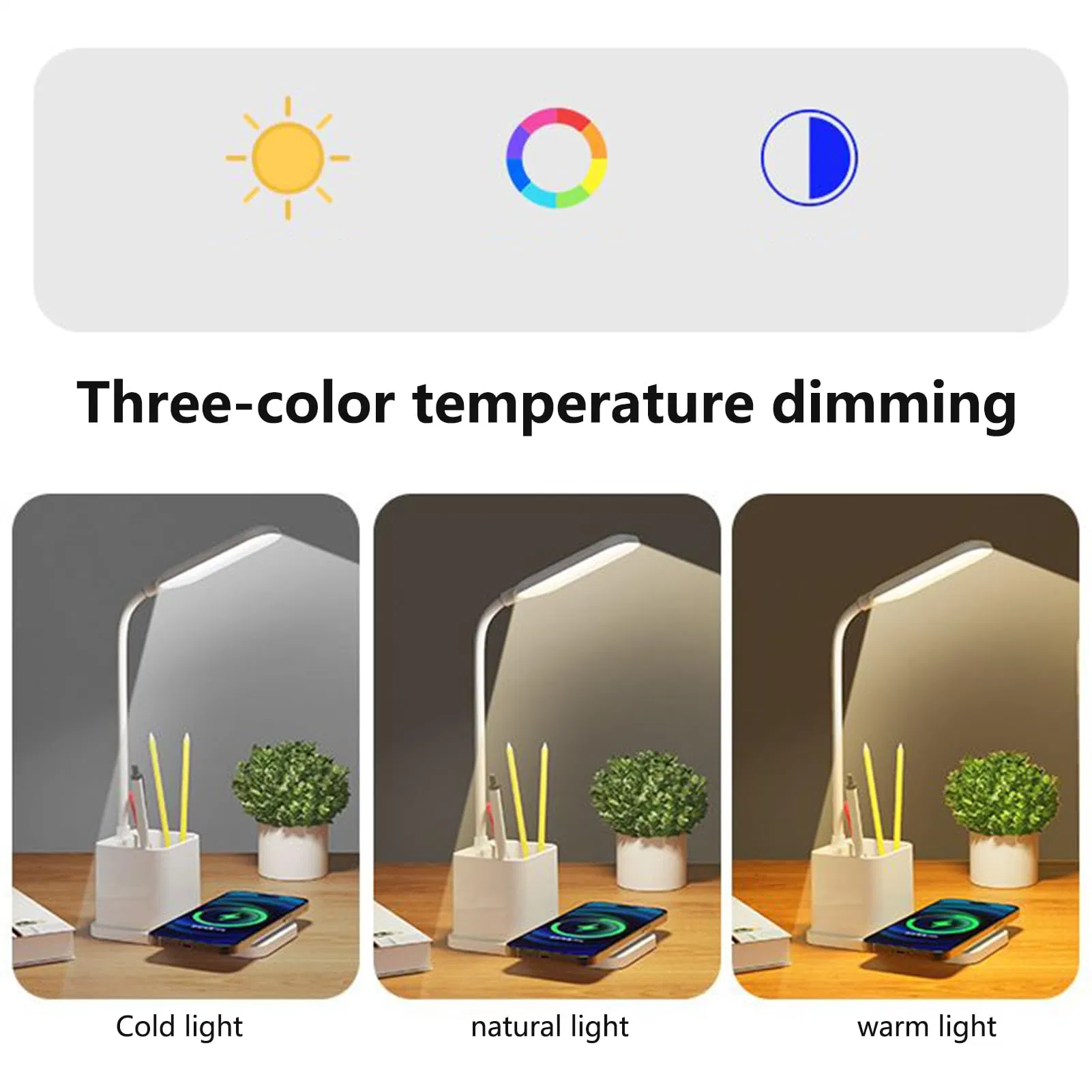 Modern Desktop LED Table Lamp Wireless Phone Charger with Pen Holder