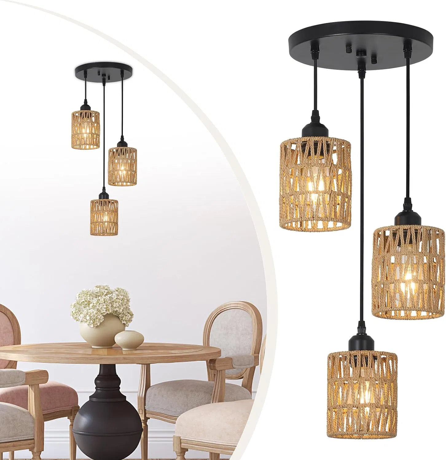 Dining Room Light Fixtures Ceiling Hanging Chandelier 3 Lights Rattan Pendant Light
