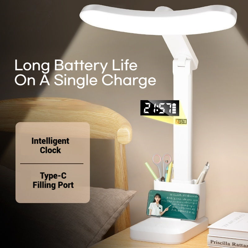 USB Charging LED Desk Lamp with Clock Power Display Multifunctional Folding Study Light Pen Holder Stand Table Lamp