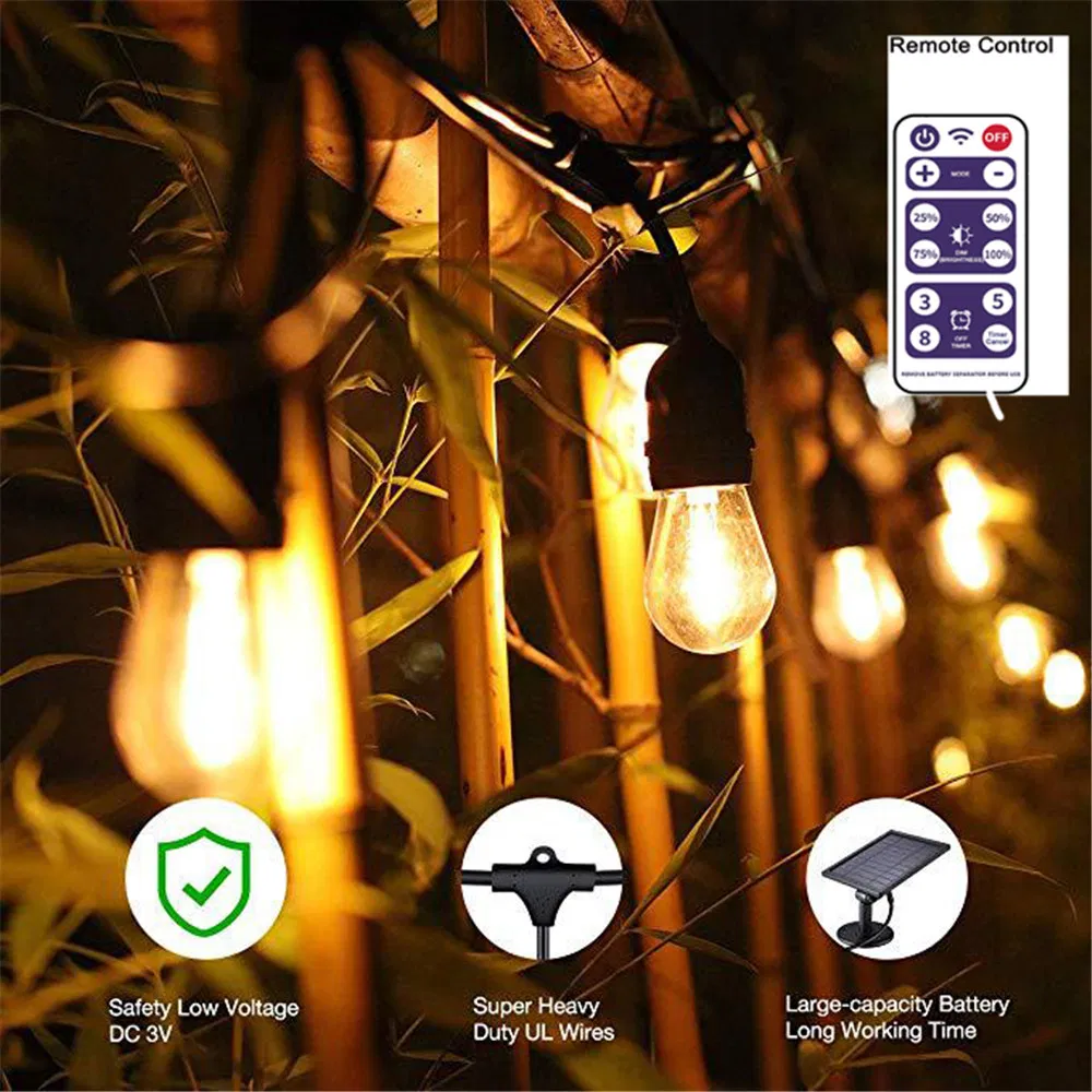 Waterproof Solar LED Outdoor String Lights 1W Retro Edison Globe Bulbs Soft White 48 FT Create Cafe Ambience in Your Yard, Pergola