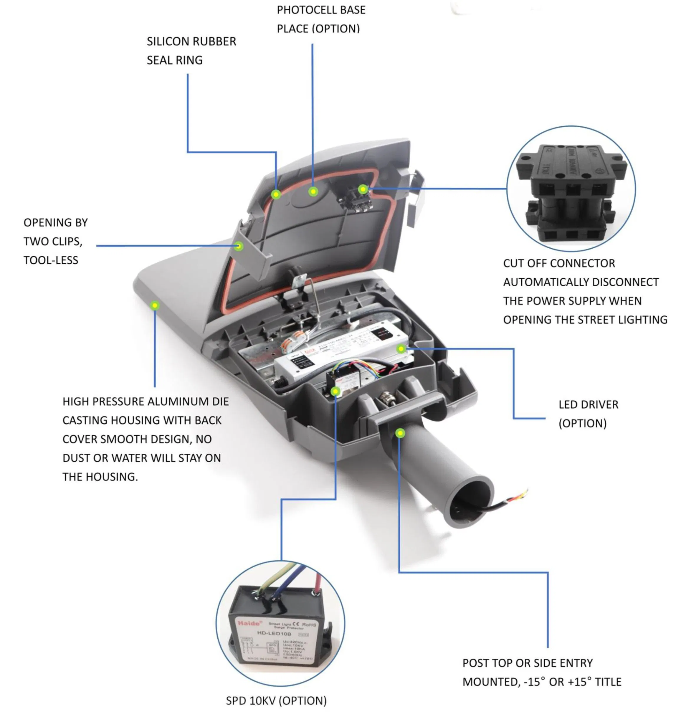 Photocell Integrated Public Lighting Waterproof Wall Aluminum LED Street Light with Pole