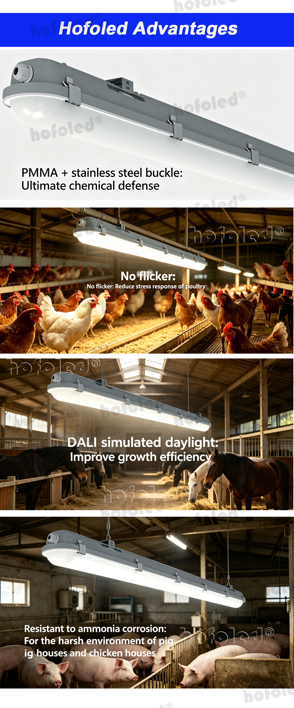 Ammonia Proof Poultry Farm Tri-proof Light Flicker-free DALI Simulated Sunlight Linear Batten Light with Stainless Steel Clips