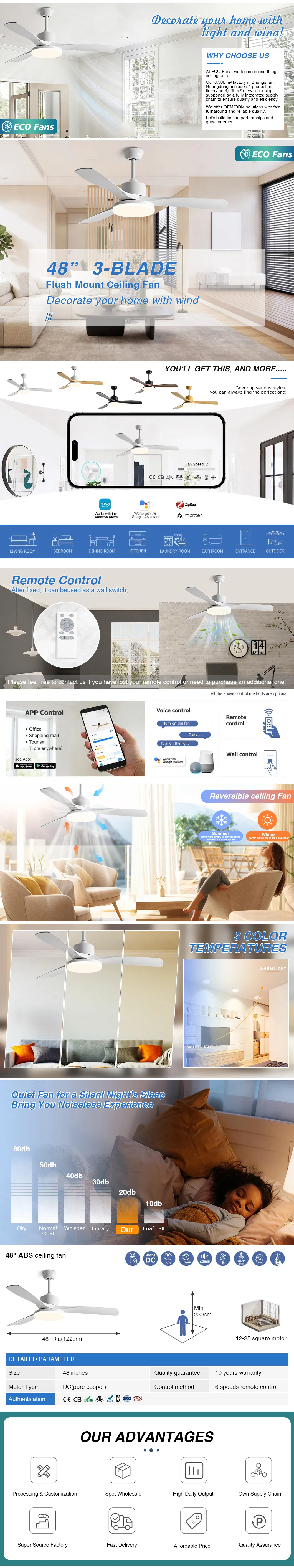 Smart Ceiling Fan Light, Matte ABS Blades, Wi-Fi Control, Works with APP