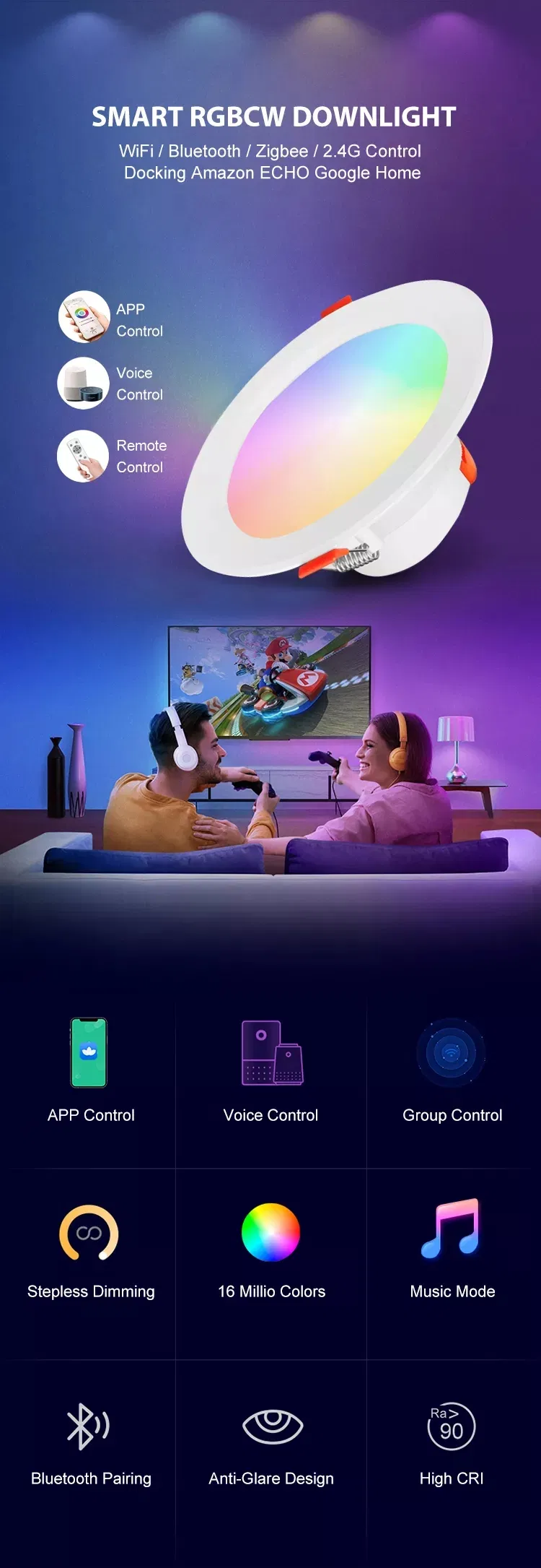 RGB Recessed Ceiling Color Changing APP Control WiFi LED Panel Light Smart Bulb Alexa Voice Control Home Downlight