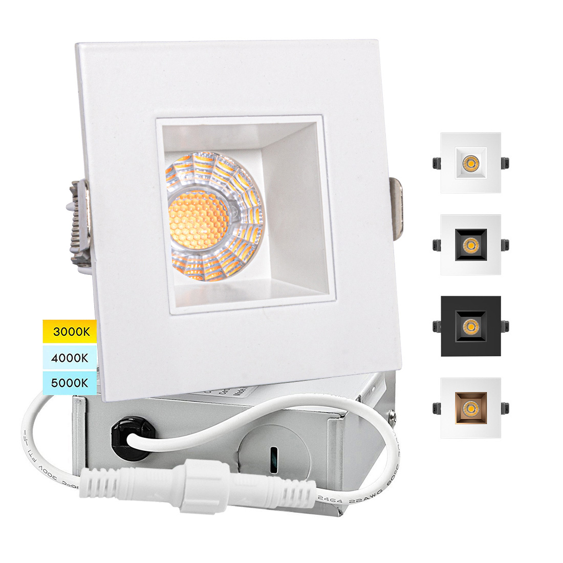 Anti-Glare Downlight 4inch 12/15W Dimmable COB Square White with Black Trim Downlight 5CCT Selectable Downlight CRI 90+