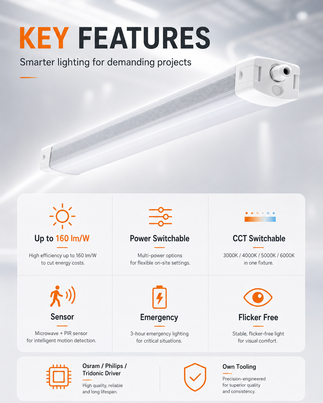 Energy Saving Power-Switchable LED Tri-proof Light IP65 5-Year Warranty DALI/0-10V Dimming Flexible 10500 Lumens 120 Beam