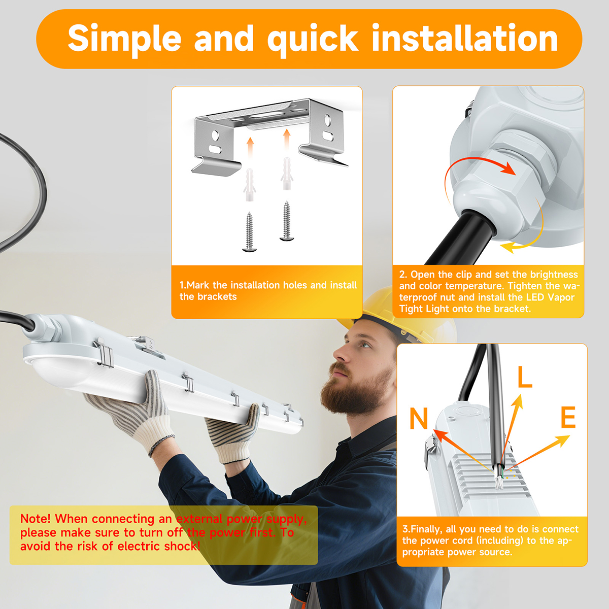 Stock in US LED Batten Light 4ft 60W 3000K-6500K Wattage 5CCT Selectable IP65 LED Tri-Proof Light