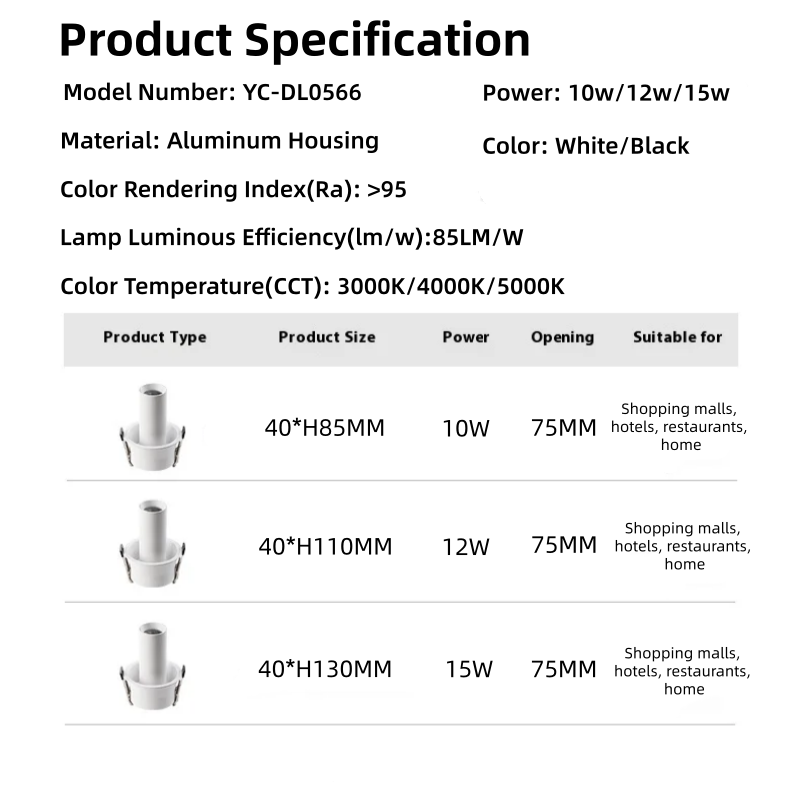 Ecolux Modern Tube Led Spotlights Adjustable Indoor Aluminum Cob Led Downlight Recessed Spot Light