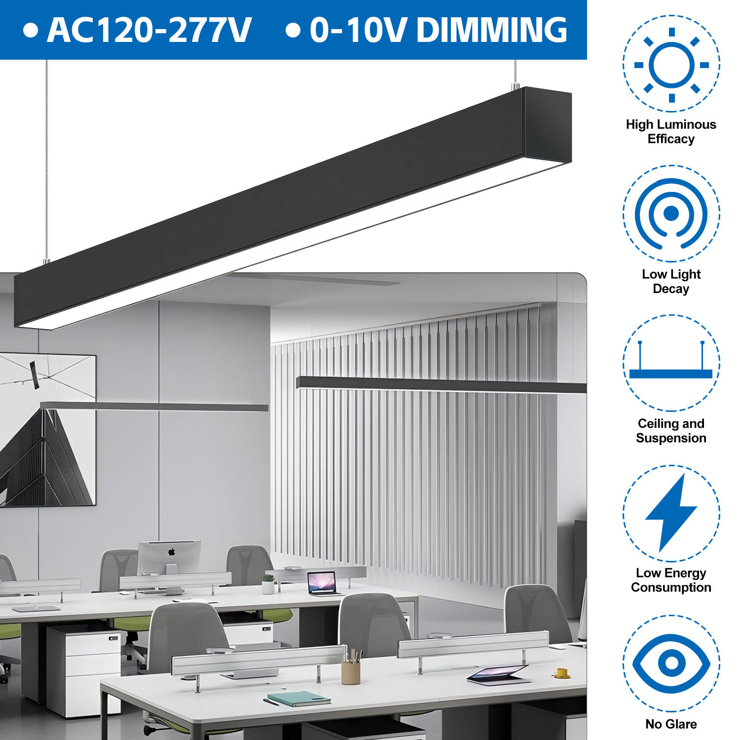 NGT Strip Linear Hanging Lights 4FT 8FT 15-100W 13000Lm 5CCT IP44 5-Year Stainless Steel Batten Fixture Pendant Lamp Led