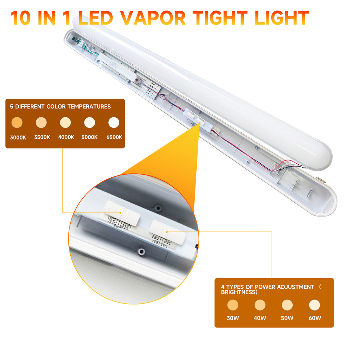 Stock in US LED Batten Light 4ft 60W 3000K-6500K Wattage 5CCT Selectable IP65 LED Tri-Proof Light