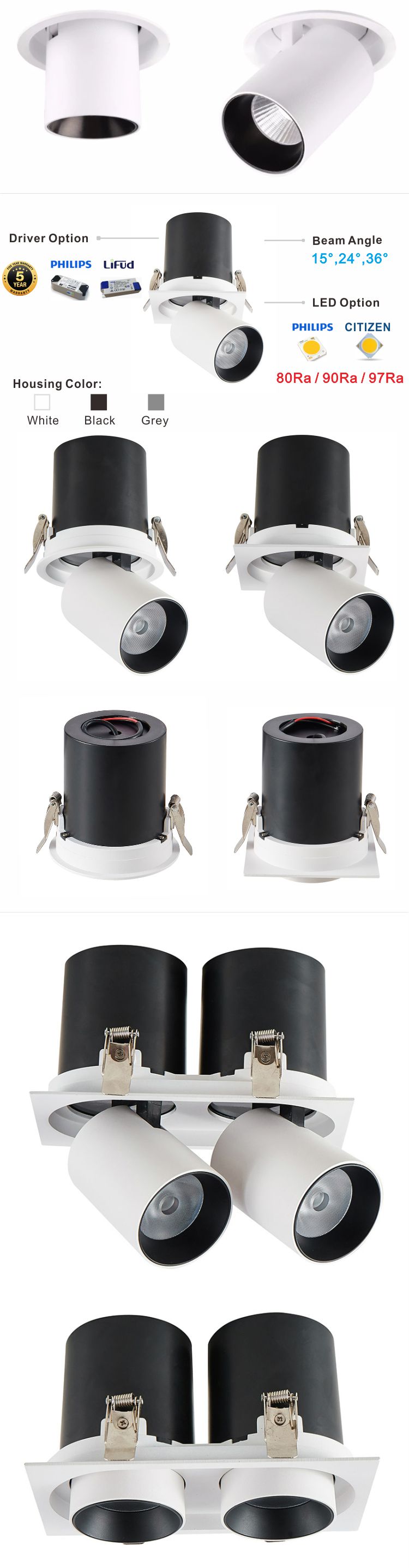 Adjustable 25W Commercial Downlight with White Trim Modern Cob LED Chip Aluminum Body Track Lights