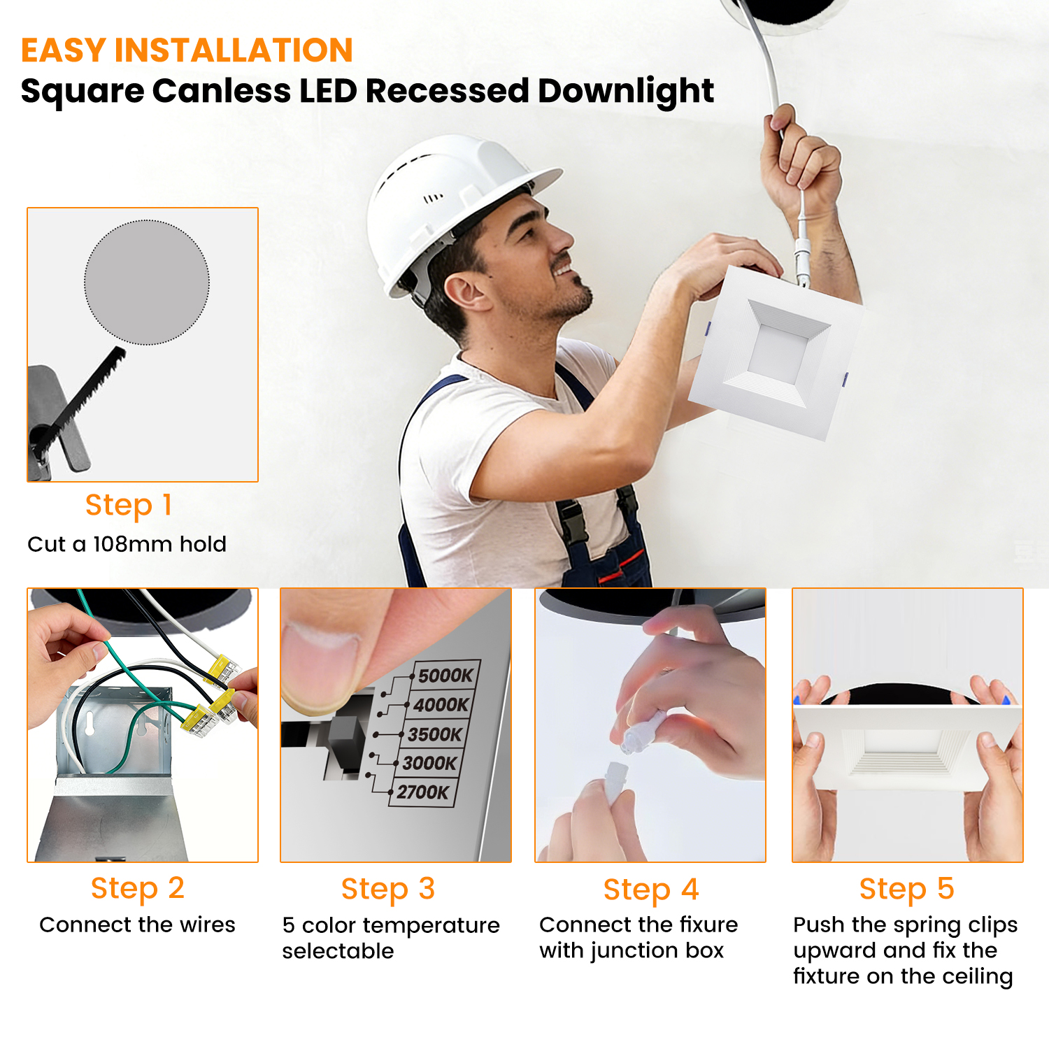 6 Inch 12W Canless Dimmable Ceiling Fixed Led Cob ETL Listed Recessed Mounted Led Downlight with Baffle and J-Box