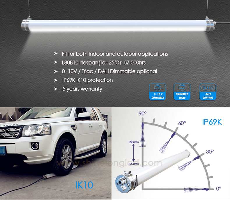 NSF Certified IP69K IK10 LED Tri-proof Light for Food Processing, 316 Stainless Steel PMMA Anti-corrosion Tubular Light