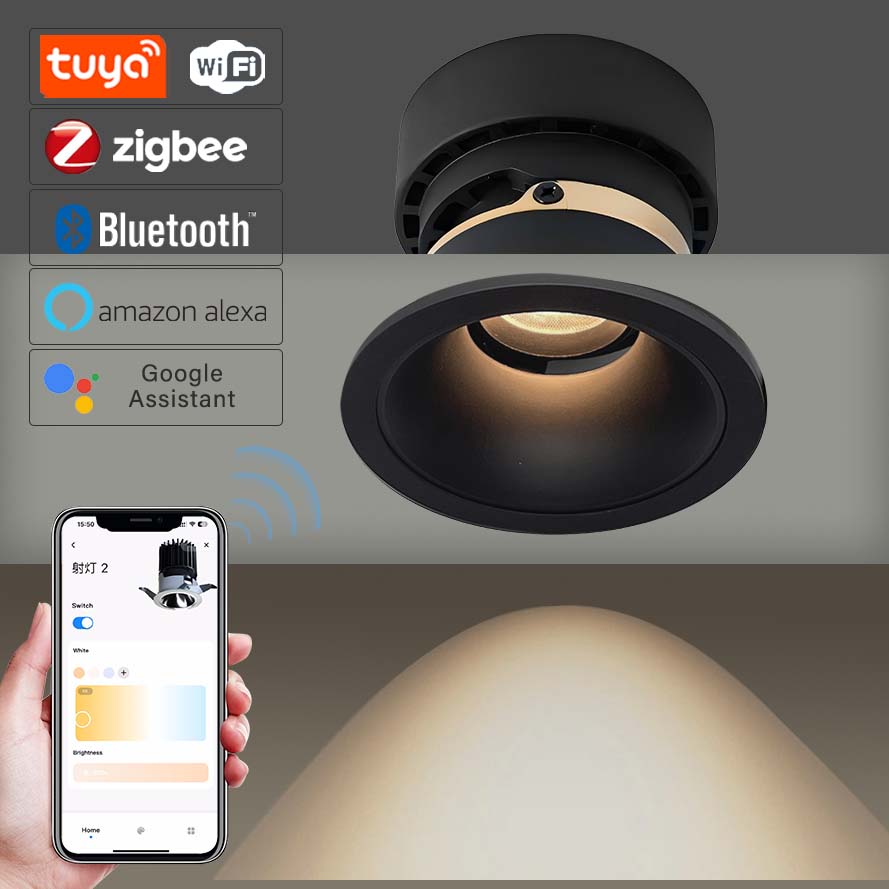 12W Anti-Glare Tuya App Smart Controlled Cob Spotlight Adjustable 2700K-6500K Recessed Ceiling Light Zigbee LED Ceiling Light