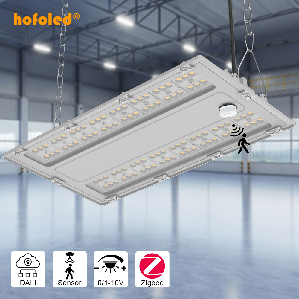 Hofoled 100W 150W 200W Warehouse Linear High Bay Light IP66 240W Workshop Light 0-10V DALI Commercial Linear Hanging Bay Light