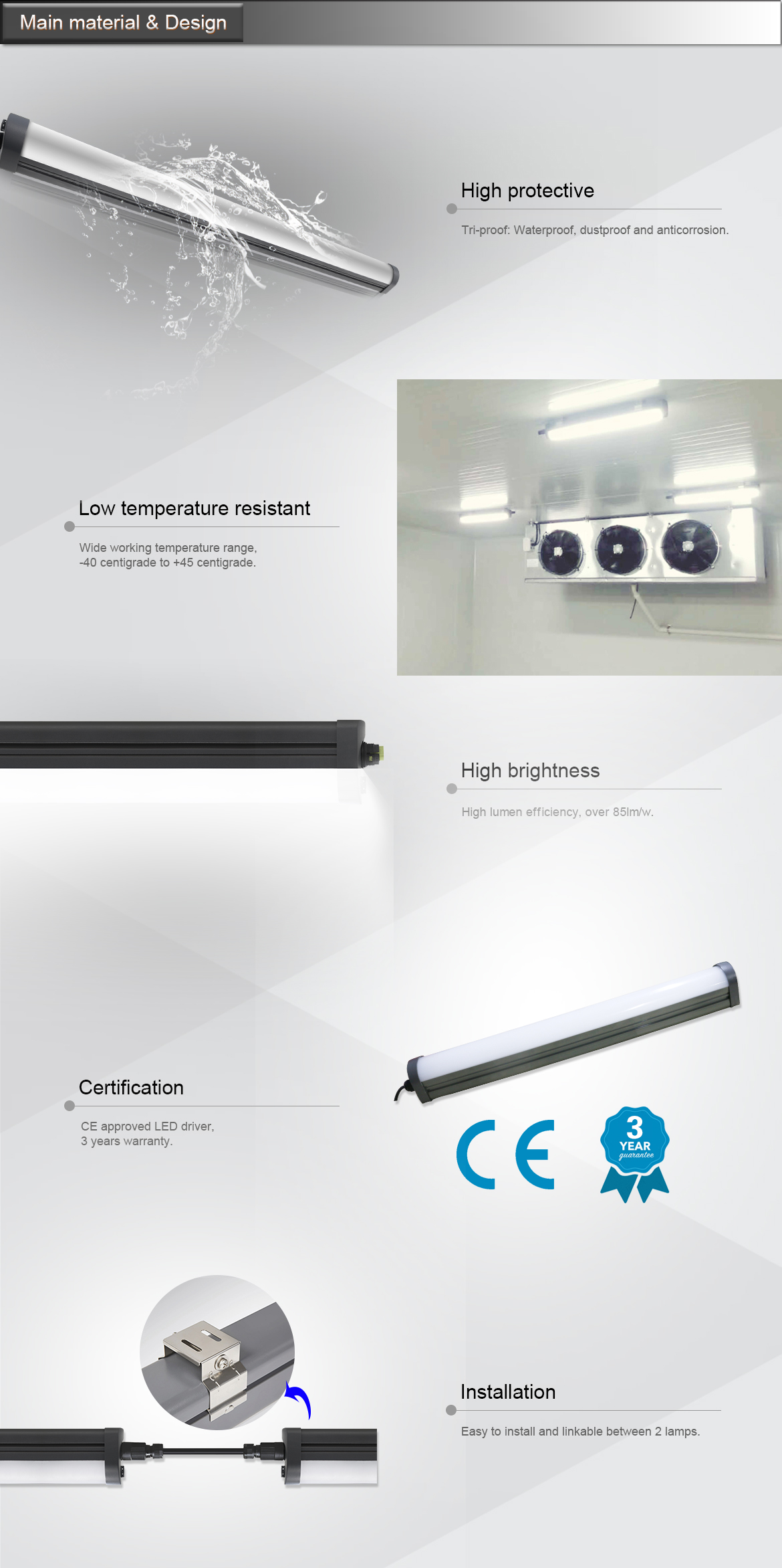 ONN-J02 IP65 Tri-proof Led Tube Light Features Detail