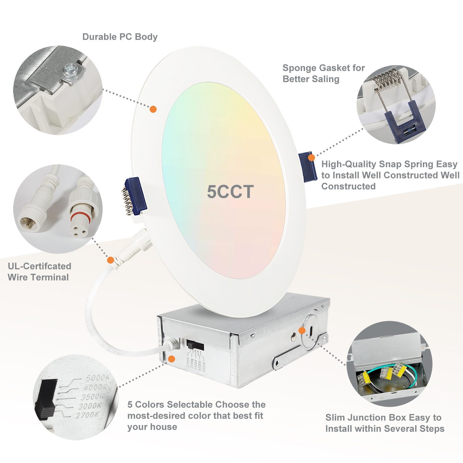 6 Inch LED Recessed Ceiling Light Dimmable 5CCT 12W 1000LM ETL Certified Ultra-Thin Canless Wafer Downlight For Bathroom Kitchen