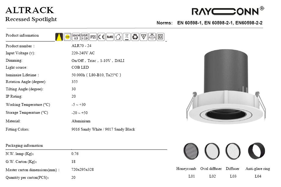 Flicker Free 24W LED Downlight COB Interchangeable Lens CRI90 LED Downlight DALI 5 Years Warranty LED COB Downlight