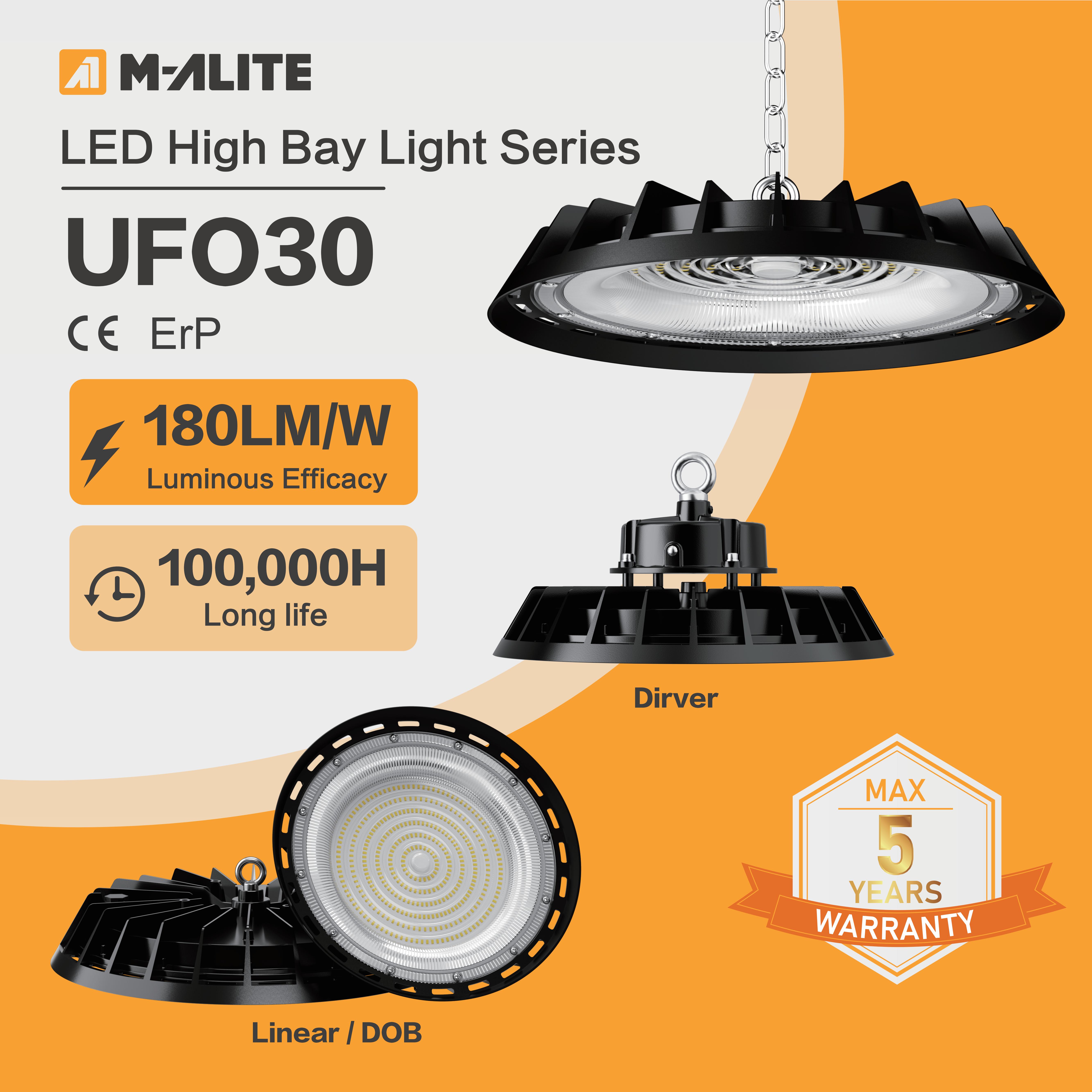 High Efficiency 180LmW IP65 IK08 50000H Long Life UFO LED High Bay Light for Warehouse Factory Workshop