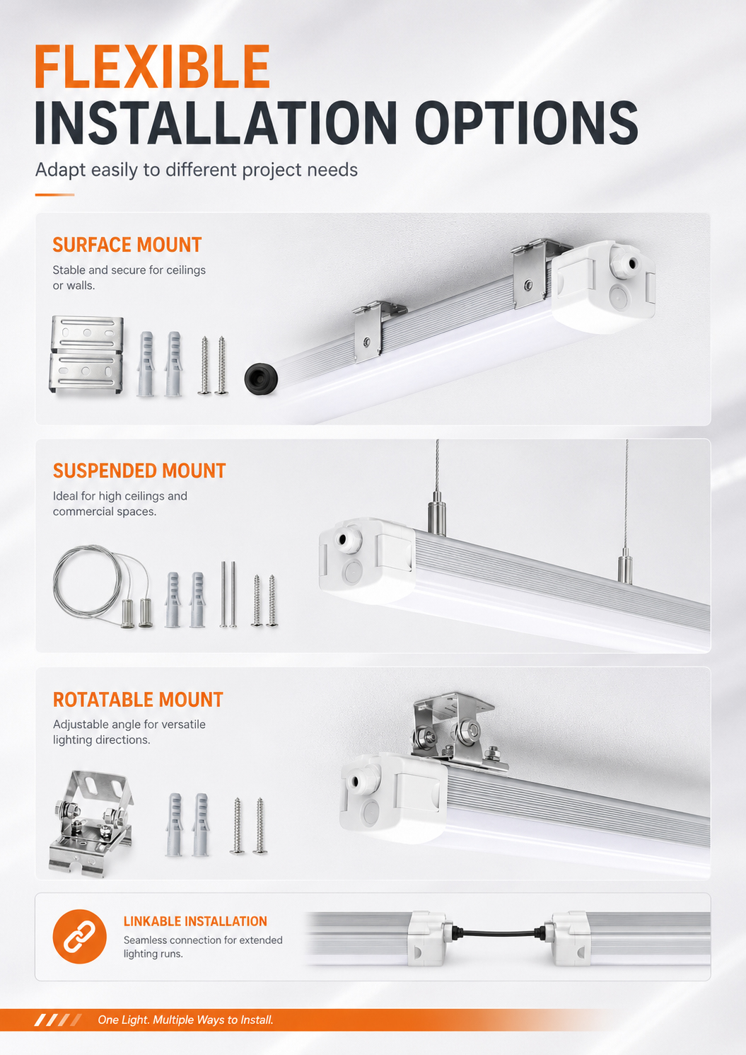 Energy Saving Power-Switchable LED Tri-proof Light IP65 5-Year Warranty DALI/0-10V Dimming Flexible 10500 Lumens 120 Beam