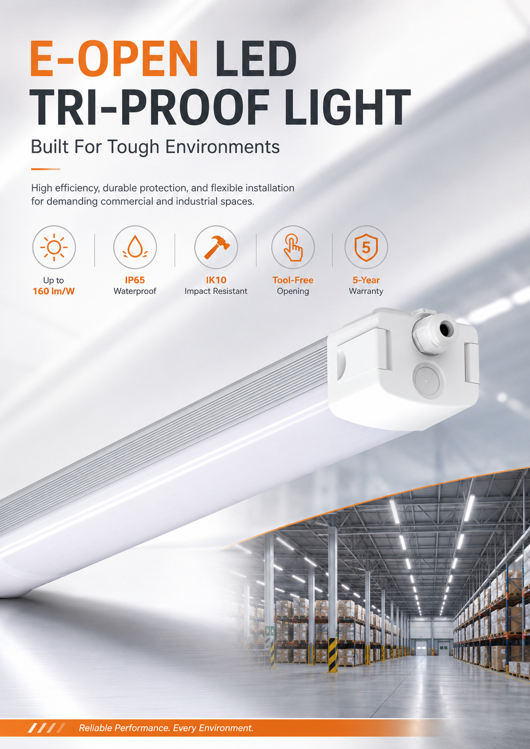 Energy Saving Power-Switchable LED Tri-proof Light IP65 5-Year Warranty DALI/0-10V Dimming Flexible 10500 Lumens 120 Beam