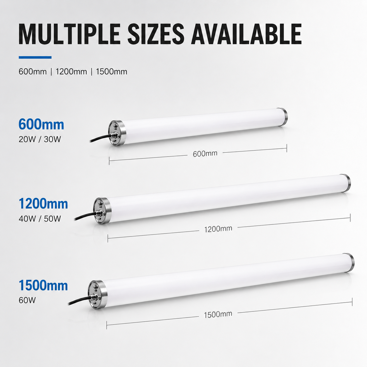 50W LED Tri-Proof Tubular Light Industrial Use IP68 IK10 Anti-Corrosion 120 Beam Angle 130-180lm/w Ra90 CRI Dimmable 5-Year
