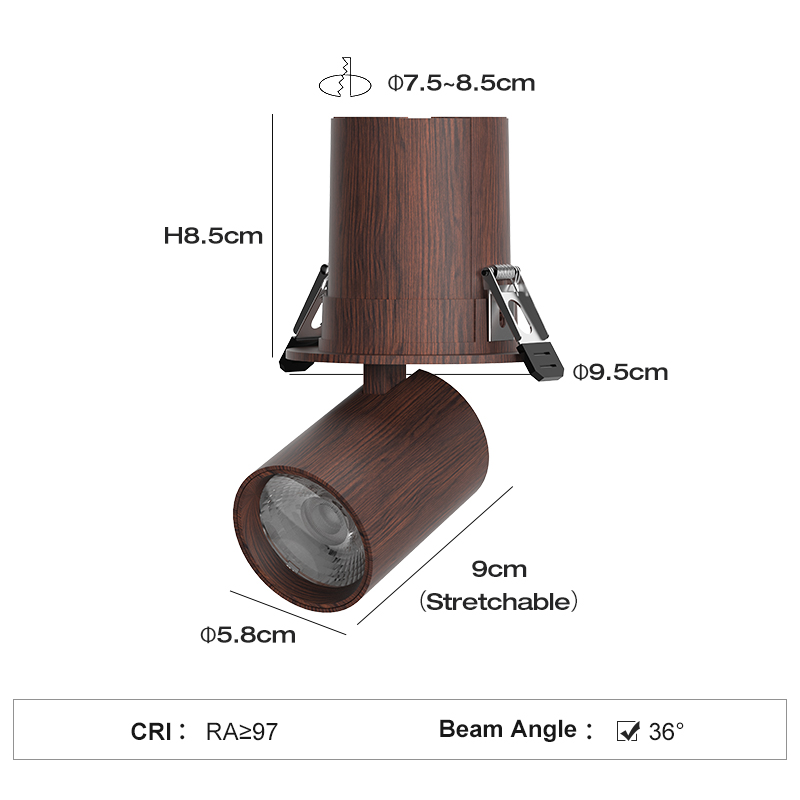75mm Adjustable Angle 12W COB LED Recessed Down Light Spot Lights Modern Walnut Aluminum Hotels Offices Residential Warm 3500K