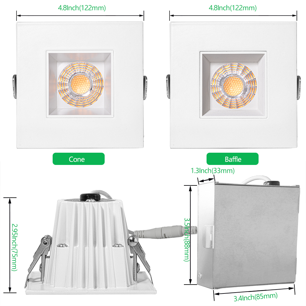 Anti-Glare Downlight 4inch 12/15W Dimmable COB Square White with Black Trim Downlight 5CCT Selecatable Downlight CRI 90+