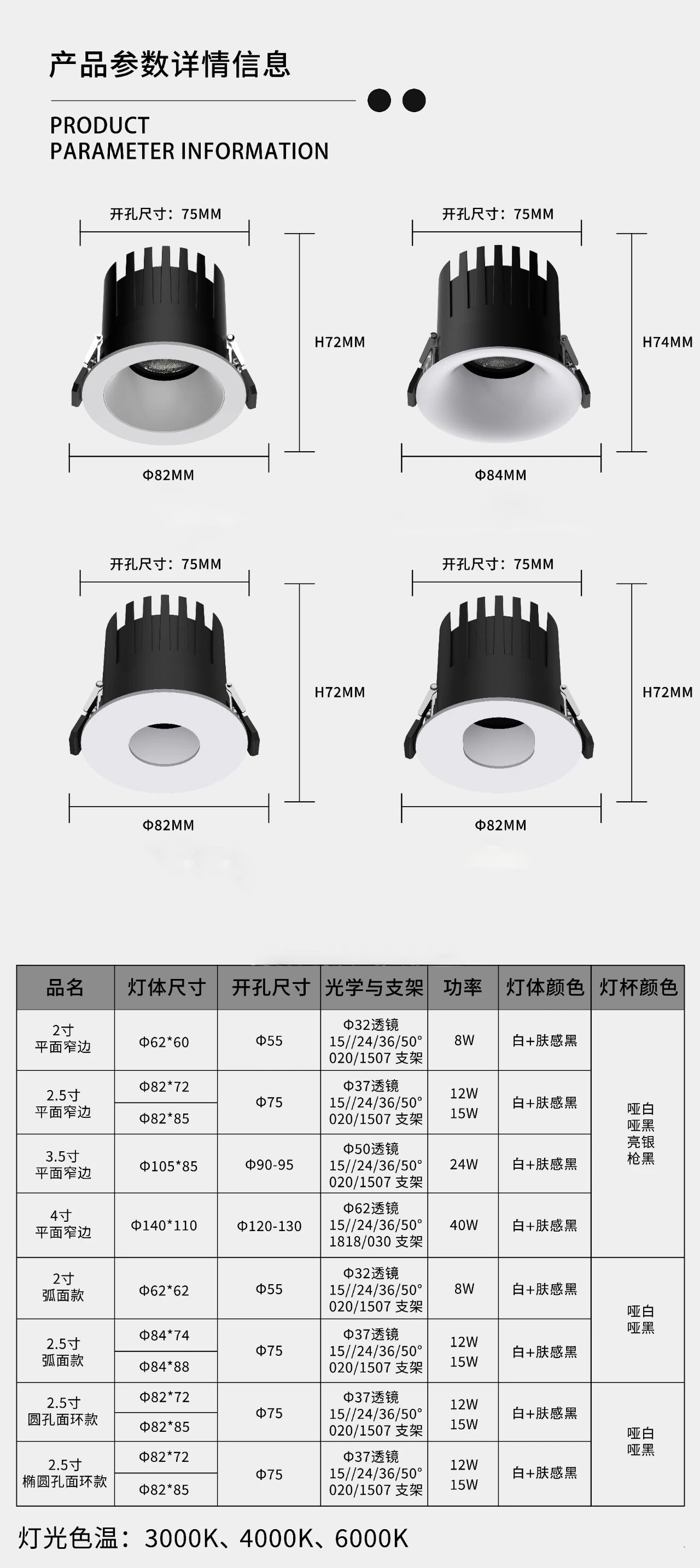 PULUOTI Modern 55mm 8W LED Recessed Spotlight Indoor Lighting Arc Adjustable Down Light Lamp New Design with Aluminum White