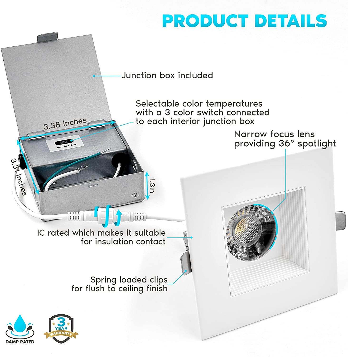 Anti-Glare Downlight 4inch 12/15W Dimmable COB Square White with Black Trim Downlight 5CCT Selectable Downlight CRI 90+