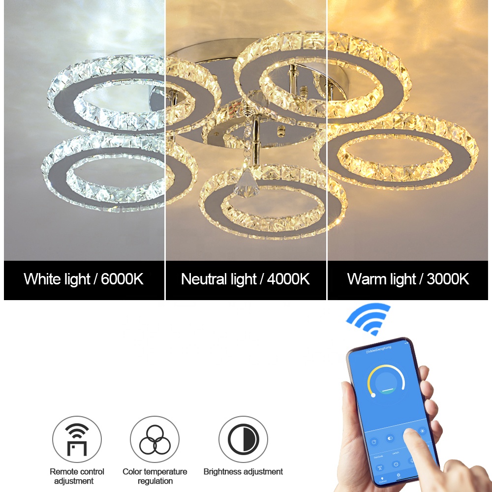 3000K-6000K Color Changeable Crystal Lamp App Remote Control Led Smart Ceiling Light for Home
